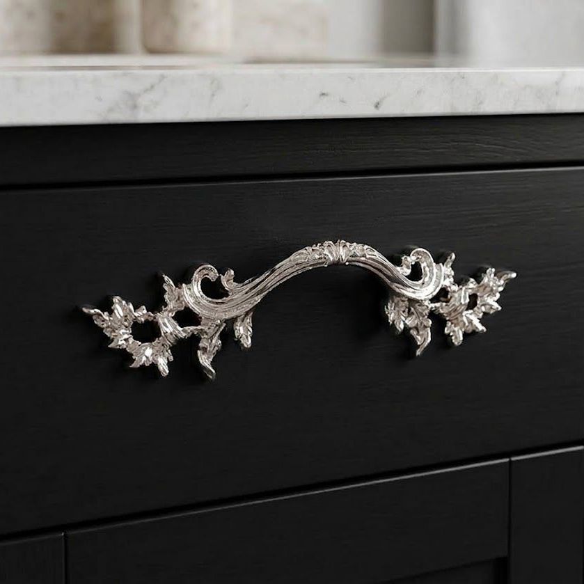 French Leaf Pull Handle (Polished Silver 64mm) | Cabinet Handle on Black