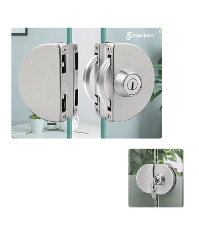 Glass Door Lock | Stainless Steel | No Drilling Required | For Tempered Glass Frameless Doors (Rounded Design, Centre Closing for Double Doors)