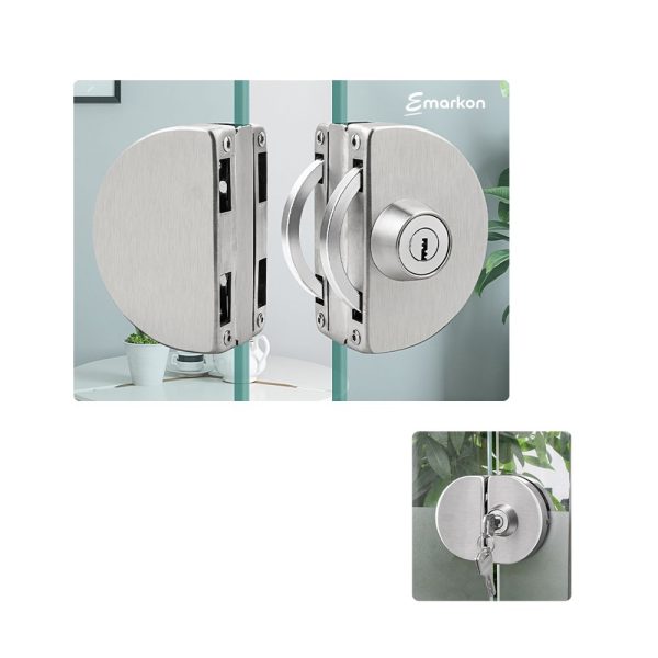 Glass Door Lock | Stainless Steel | No Drilling Required | For Tempered Glass Frameless Doors (Rounded Design, Centre Closing for Double Doors)