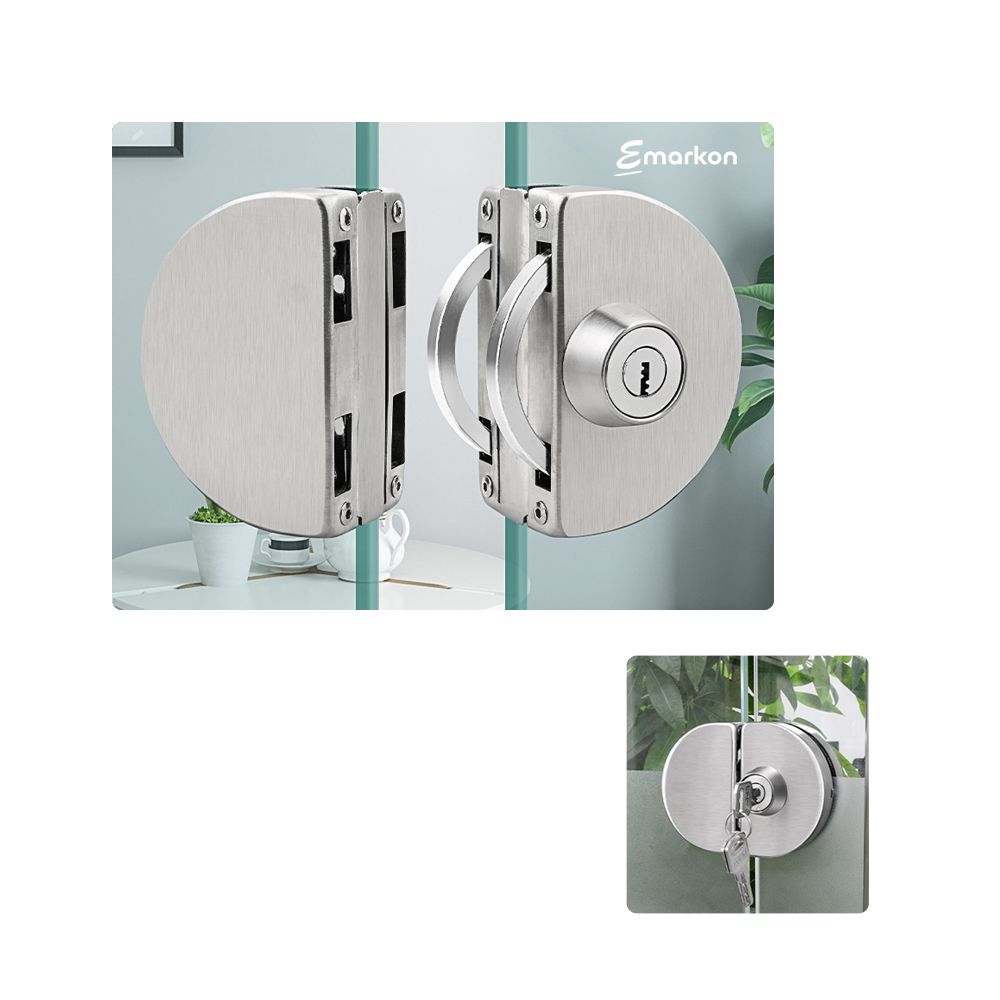 Glass Door Lock | Stainless Steel | No Drilling Required | For Tempered Glass Frameless Doors (Rounded Design, Centre Closing for Double Doors)