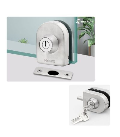 Glass Door Lock | Stainless Steel | No Drilling Required | For Tempered Glass Frameless Doors (Rounded Design, Top or Bottom Closing for Single Door)