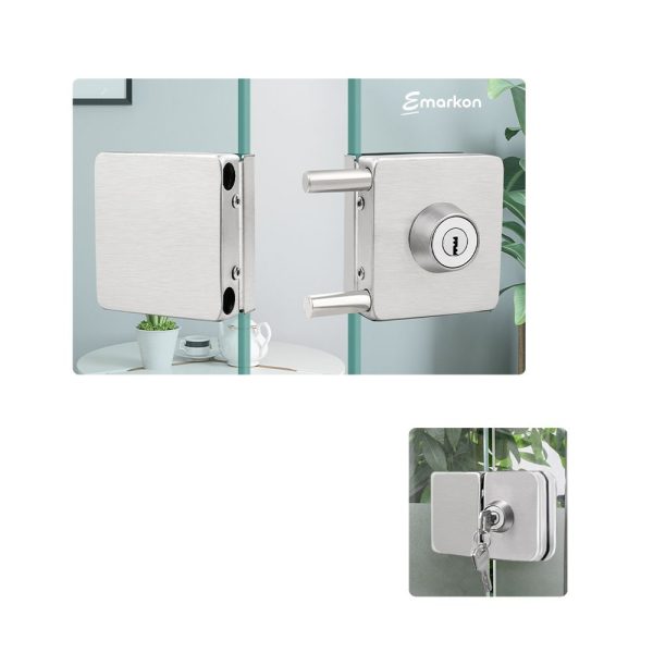 Glass Door Lock | Stainless Steel | No Drilling Required | For Tempered Glass Frameless Doors (Square Design, Centre Closing for Double Doors)